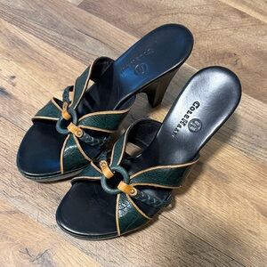 Cole Haan Black and Green Mules with Tan Accents
